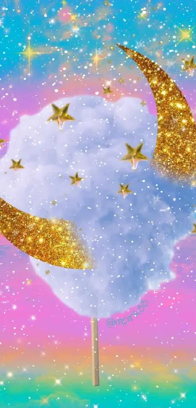 Cotton candy cloud with stars in a pastel sky wallpaper.