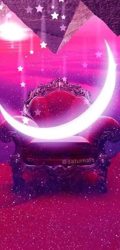 Surreal cosmic art with crescent moon and vintage throne in pink hues.