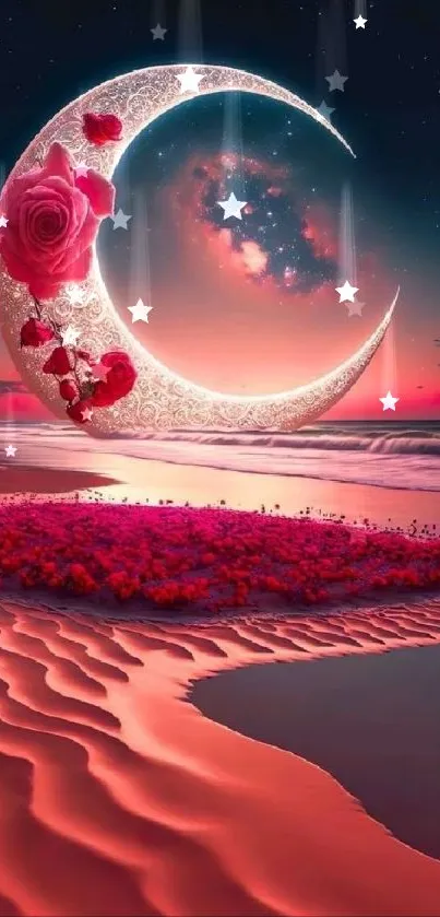 Dreamy beach scene with crescent moon and roses at sunset.