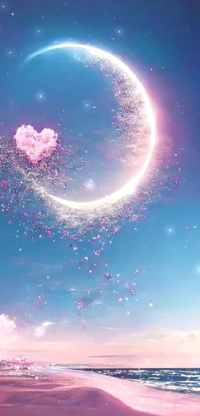 Dreamy crescent moon and heart beach wallpaper with mystical colors.