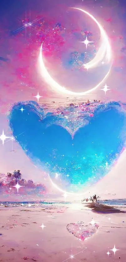 Vibrant blue heart with crescent moon above in a dreamy sky.