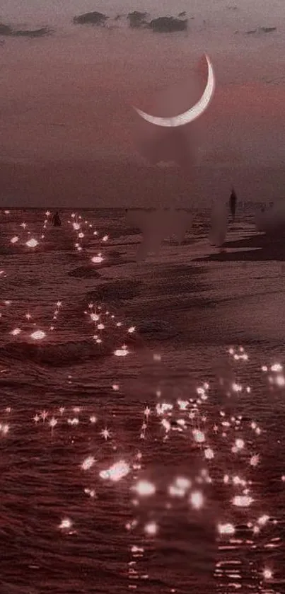 Crescent moon over calm beach with shimmering water reflections.