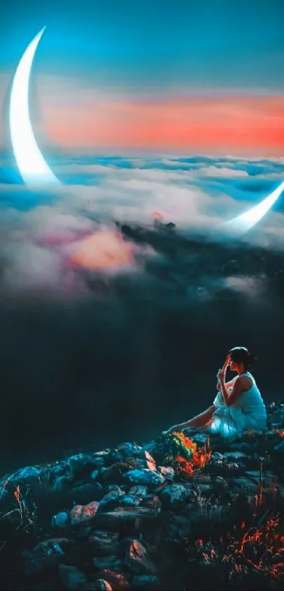 Serene crescent moon over clouds with a peaceful woman sitting on rocky terrain.