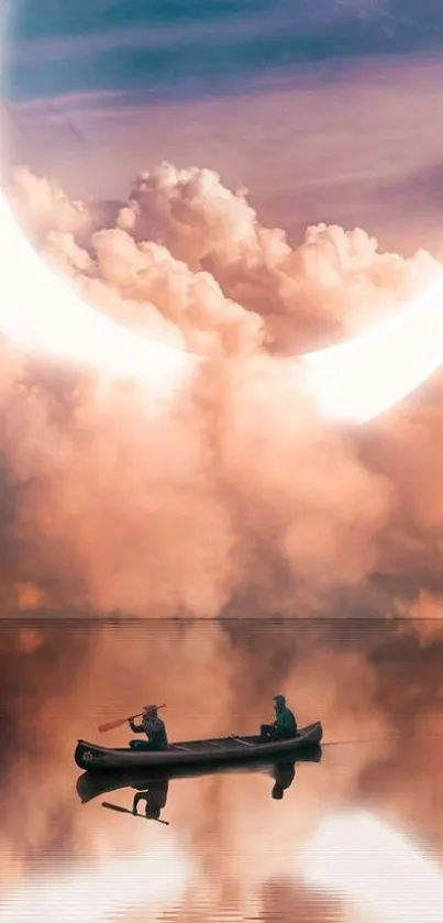 A dreamy crescent moon over cloudscape reflected in tranquil waters.