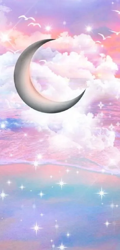 Crescent moon in pastel sky with clouds and ocean waves.