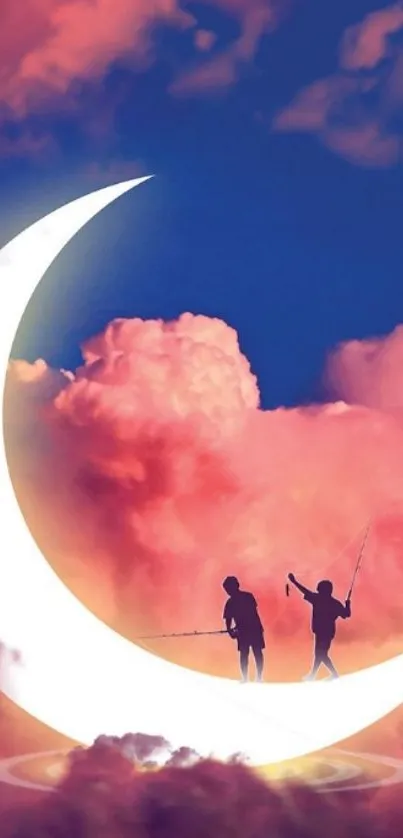 Silhouette of figures on a crescent moon with pink clouds.