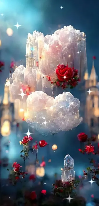 Whimsical crystal castle with red roses in a dreamy, glowing night scene.