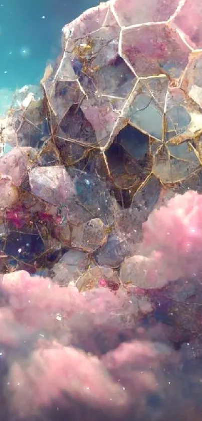 Ethereal wallpaper with pink clouds and crystal formations.