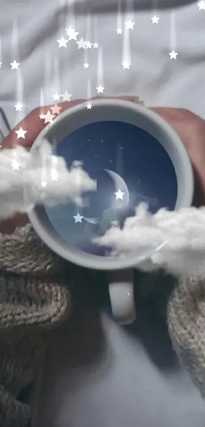 A cozy image of a cup reflecting a moonlit sky with clouds over a blanket.