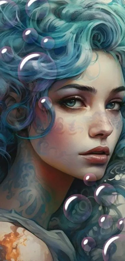 Dreamy cyan portrait with bubbles and artistic flair in a mobile wallpaper.