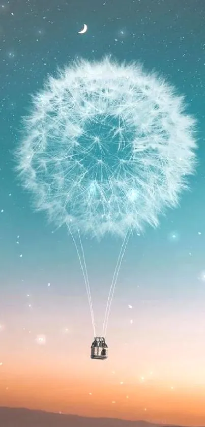 A whimsical dandelion balloon floats against a starry twilight sky.