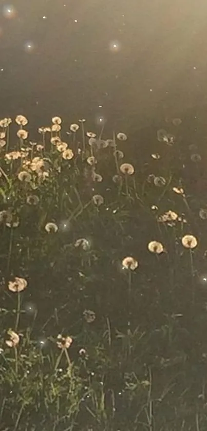 Dreamy sunset with dandelions and starry night sky.