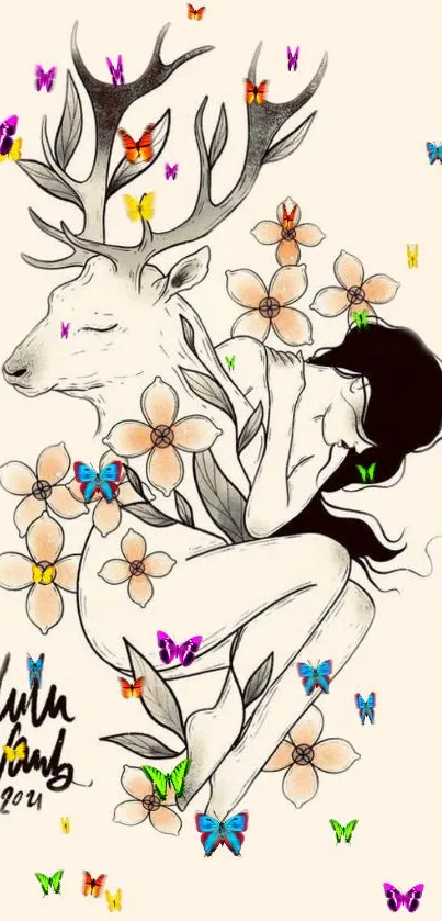 Whimsical art of deer with flowers and butterflies, beige background.