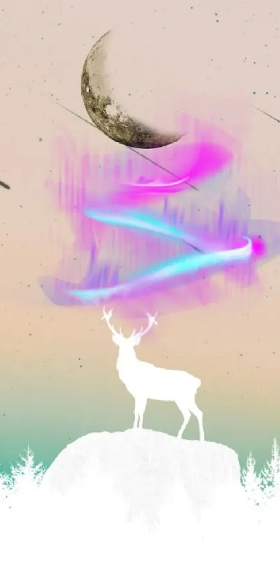 Dreamy deer under a colorful galaxy with striking lunar elements.