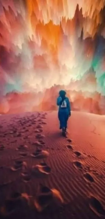 Surreal desert scene with vibrant, dream-like colors, featuring a lone traveler.