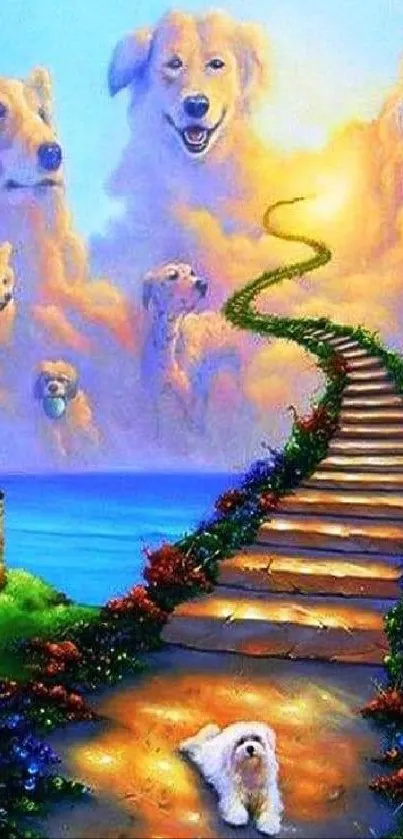 Fantasy wallpaper of a dog heaven path with vibrant clouds and staircase.