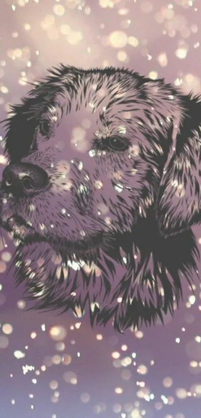 Illustration of a dog with snowflakes in purple tones for mobile wallpaper.