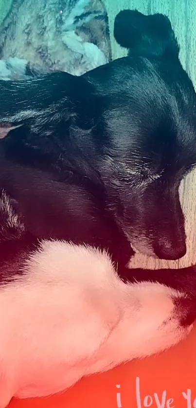 Cute black dog sleeping peacefully on a red blanket.