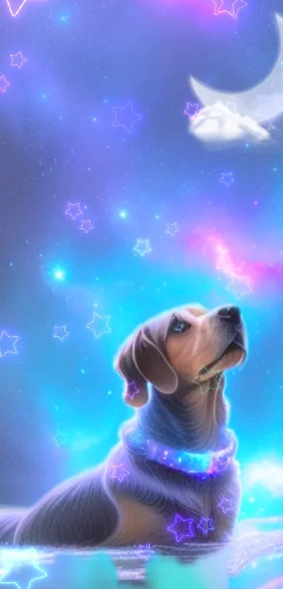 A dog under a starry night sky with a glowing moon and colorful aura.