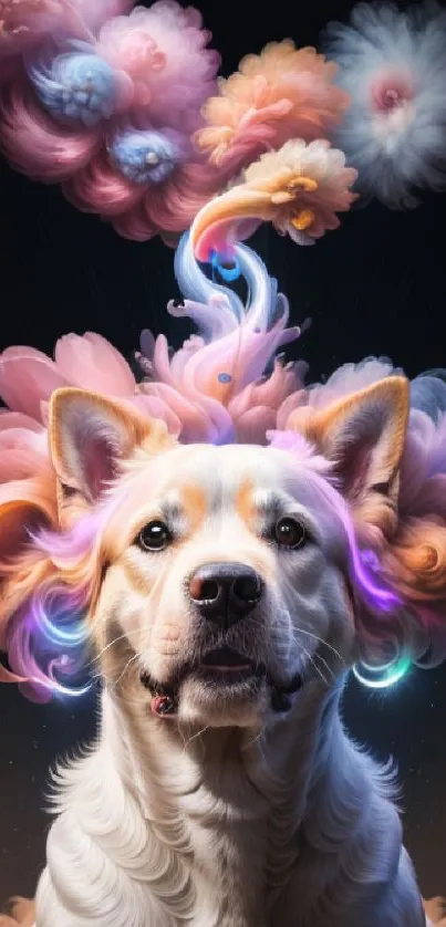 Dog with vibrant, colorful cloud-like hair, creating a whimsical wallpaper.