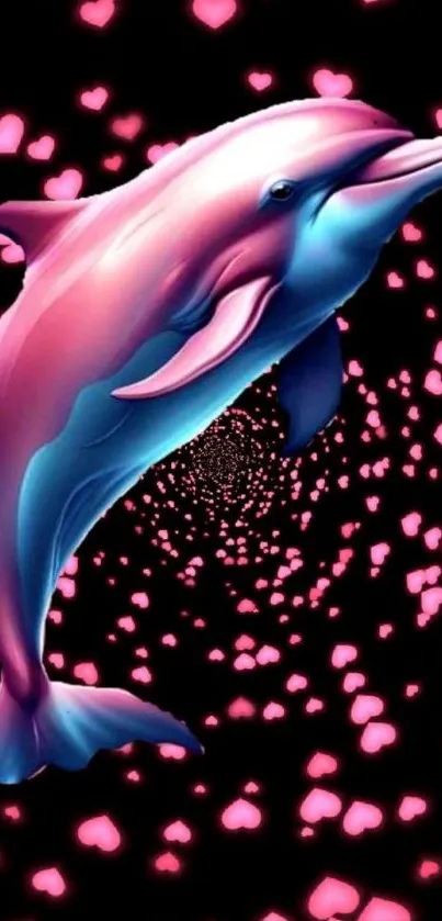 Colorful dolphin with pink hearts mobile wallpaper.