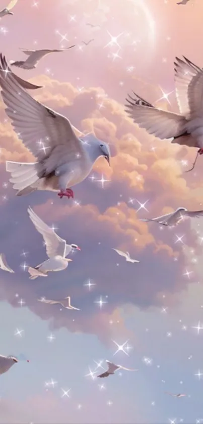 Birds flying in a pastel sky filled with clouds and twinkling stars.