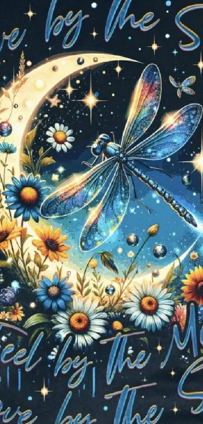 Enchanting dragonfly with moon and flowers on dark background.