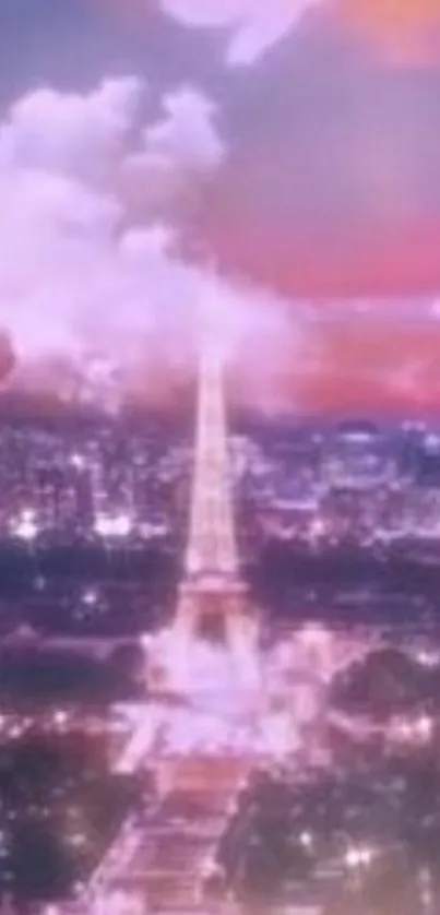 Eiffel Tower with dreamy pink and purple sky in a magical wallpaper.