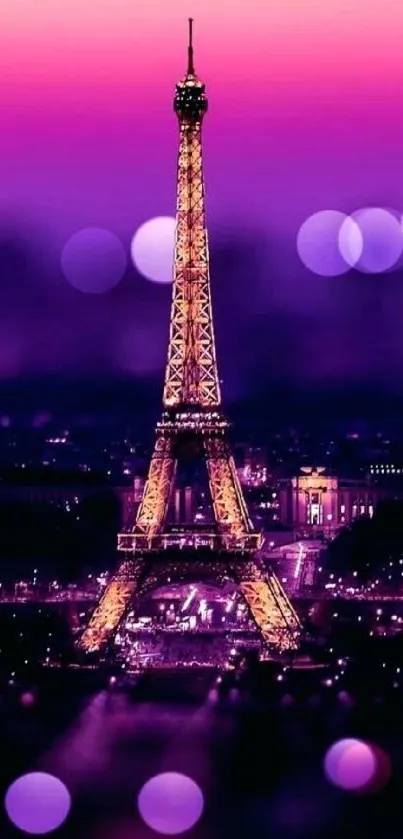 Eiffel Tower glowing under a purple sky with bokeh lights.