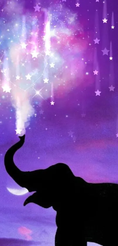 Silhouette of an elephant under a purple galaxy sky with stars.