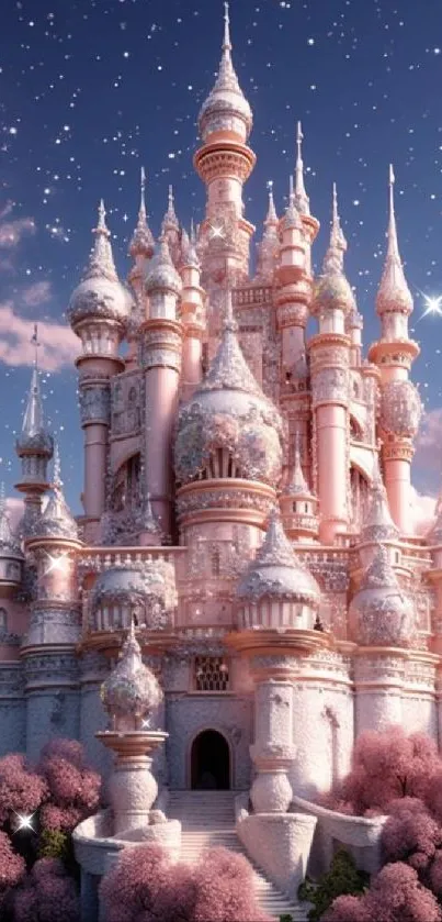 Enchanting pink castle under starry sky in fantasy mobile wallpaper.