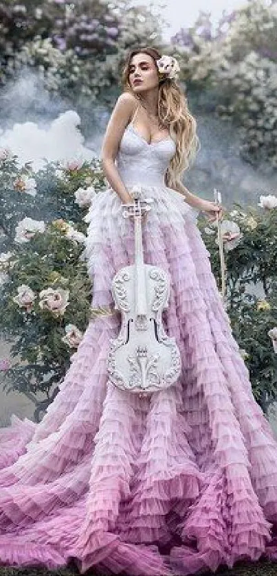 Woman in pink gown amid flowers and mist in enchanting garden setting.