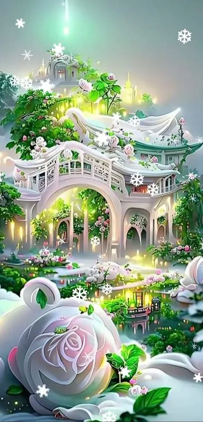 Serene fantasy garden with glowing flowers and architectural beauty in a dreamy setting.