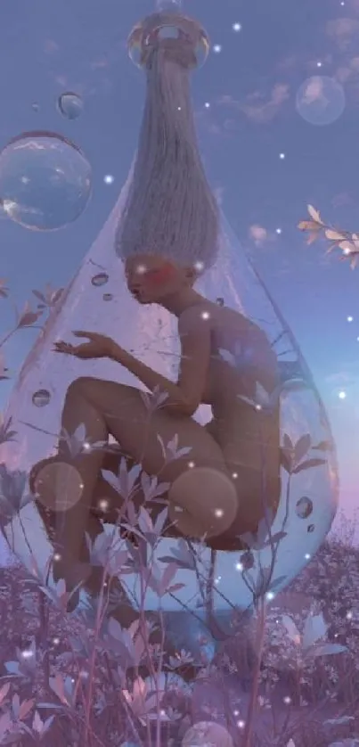 Ethereal figure in a bubble amid purple landscape.