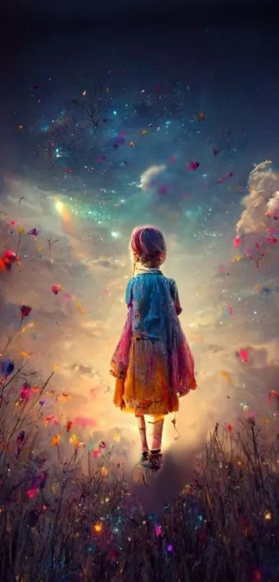 Ethereal child in a colorful, dreamy landscape wallpaper.