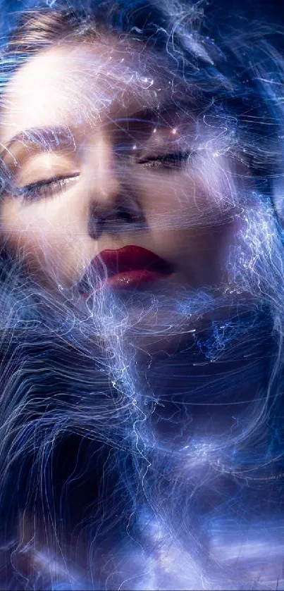 Ethereal artistic face with dreamy blue light effects.