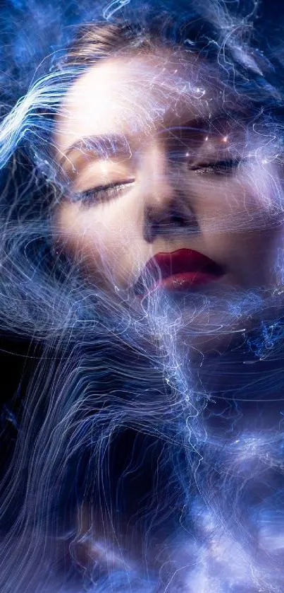 Ethereal face enveloped in mystical blue light swirls.