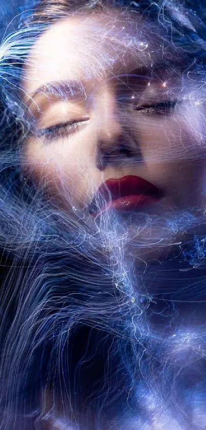 Ethereal face with swirling blue light and dreamy atmosphere.