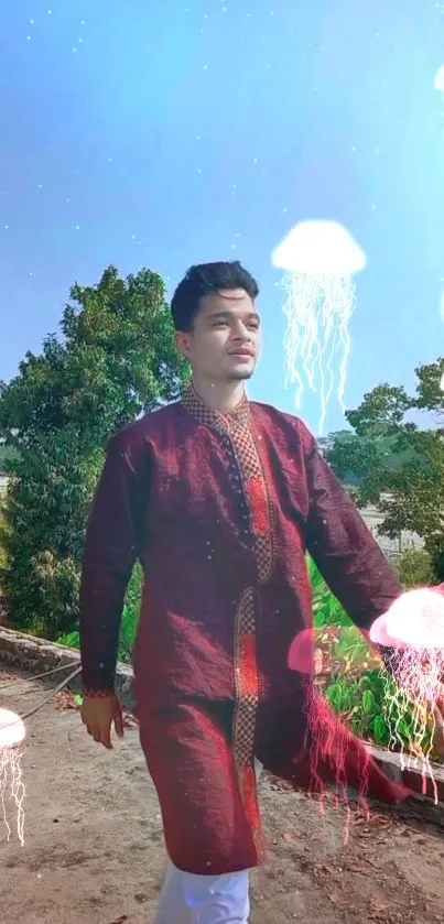 Man in traditional attire with glowing jellyfish in forest.