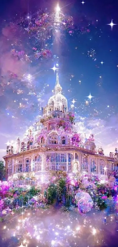 Ethereal palace glowing with purple light in a dreamlike fantasy setting.