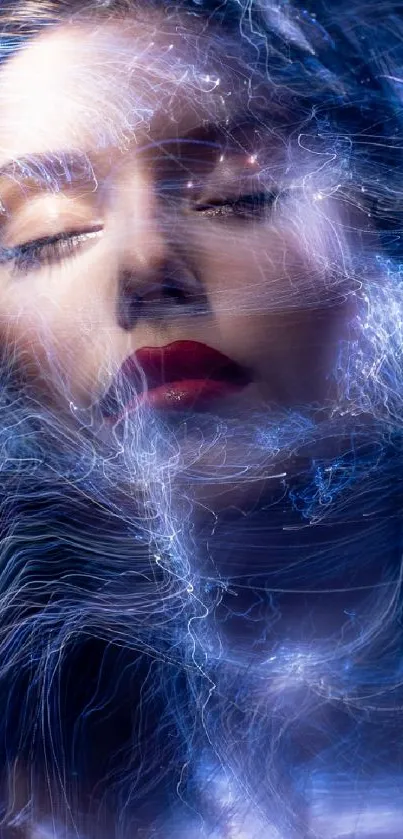 Dreamy portrait with ethereal blue swirls.