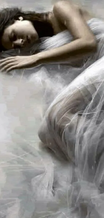 A woman peacefully sleeps surrounded by flowing white fabric.