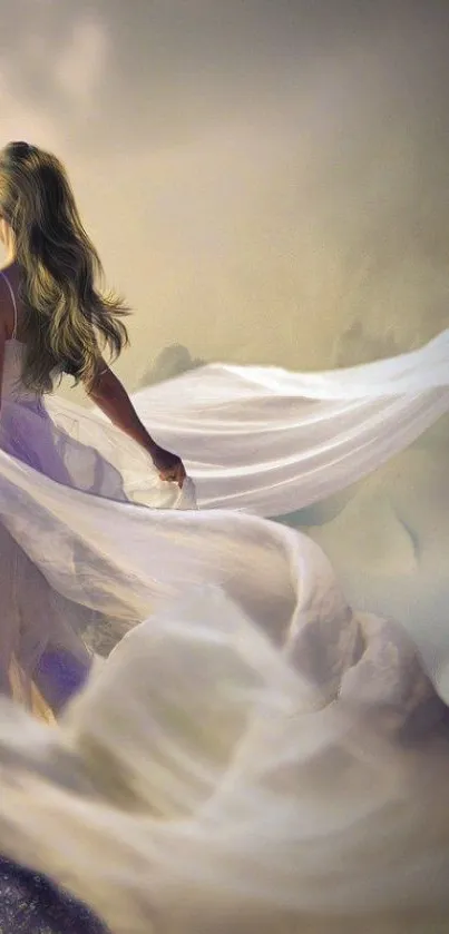 Ethereal woman in a flowing dress with a soft lavender background.