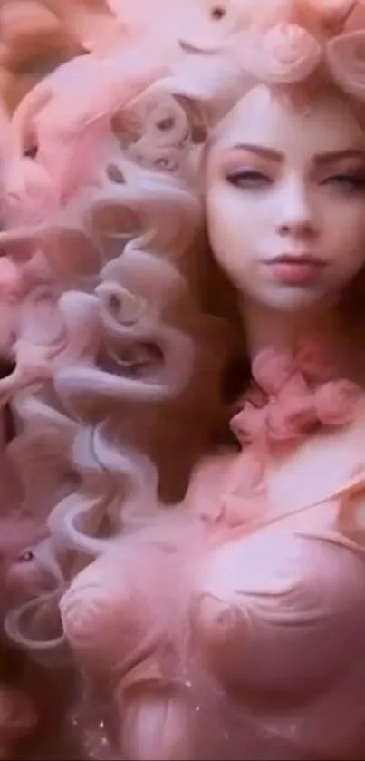 Ethereal woman with soft pink hues in a dreamy fantasy style.