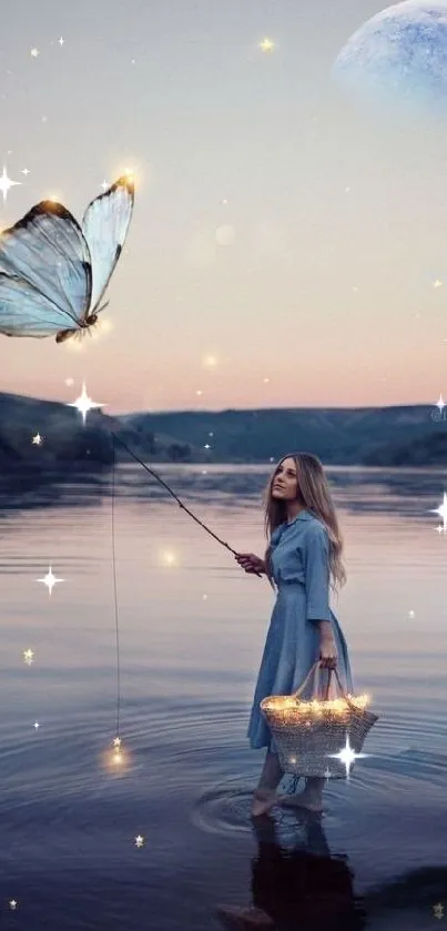 Woman in a lake catching a glowing butterfly under a moonlit sky.