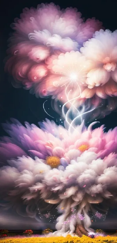 Dreamy explosion artwork with clouds and vibrant colors, perfect for mobile wallpaper.