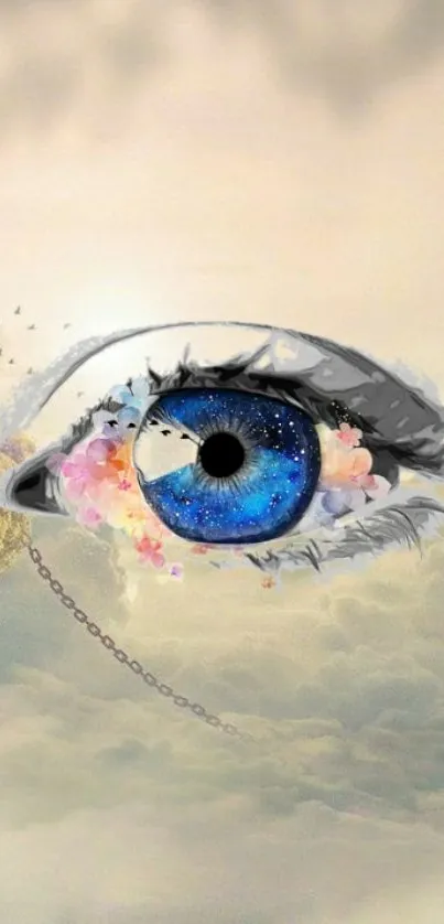 Surreal eye in clouds with starry night sky.