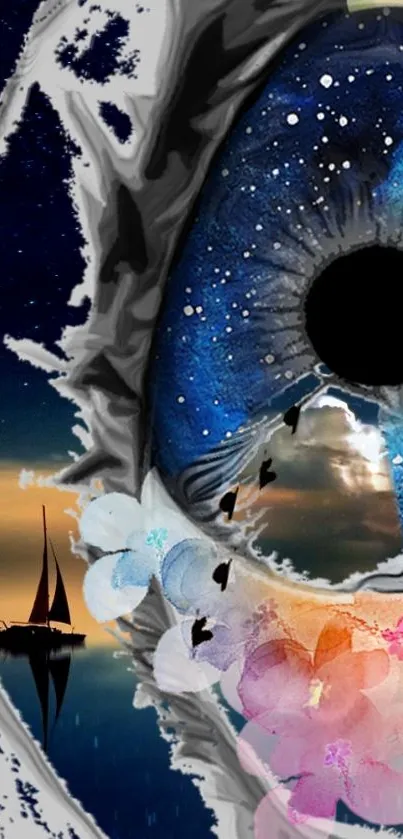 Surreal eye with flowers and a cosmic night scene mobile wallpaper.