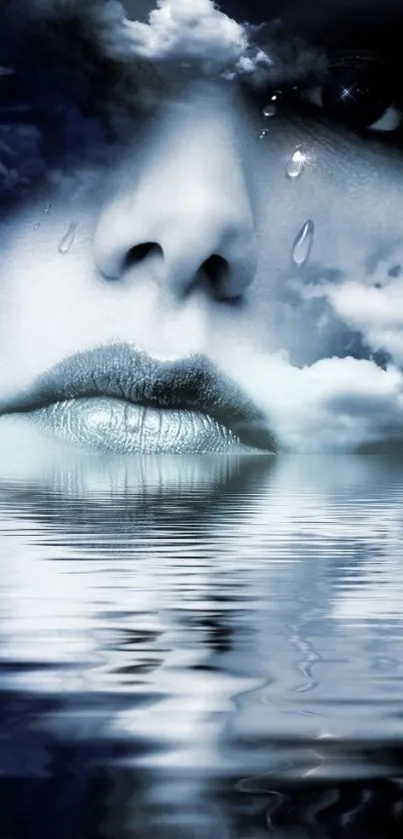 Surreal face emerging from clouds over water.