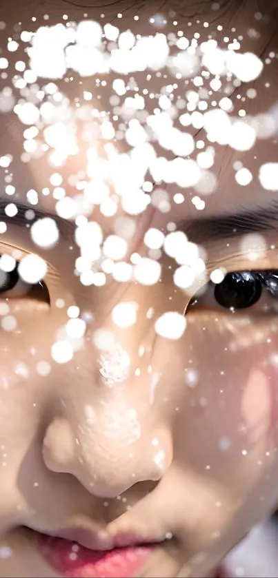 Artistic close-up of face with snowflakes overlay.